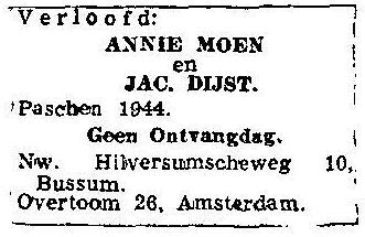 Jacobus Dijst en Anna Elisabeth Sara Louise Moen; vermelding van hun verloving in de krant. Bron Centraal Bureau voor Genealogie
