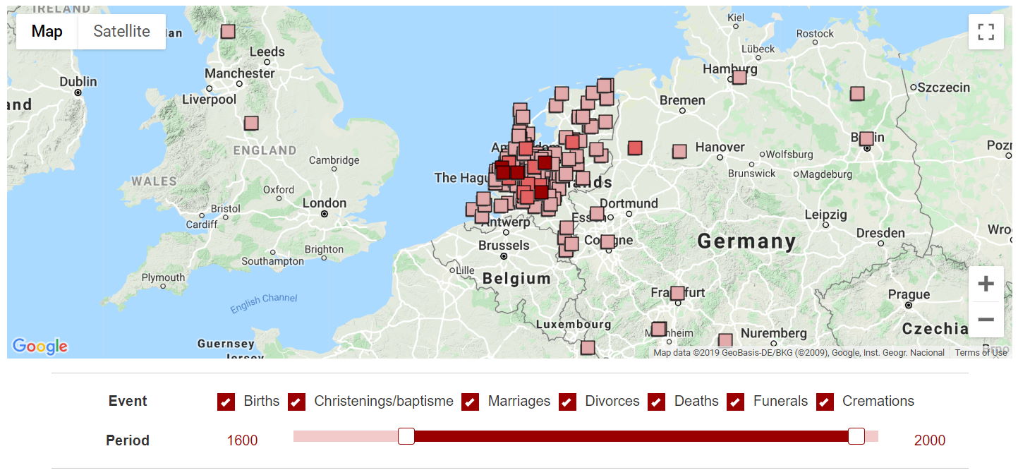 Distribution of genealogical events on Genealogy Online
